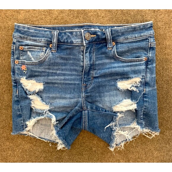 American Eagle Shorts Womens 8 Midi Cut-Off Distressed Stretch Embroidered Denim - Picture 1 of 10